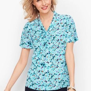 Talbots Blue Floral Flutter Sleeve Tie Top XL